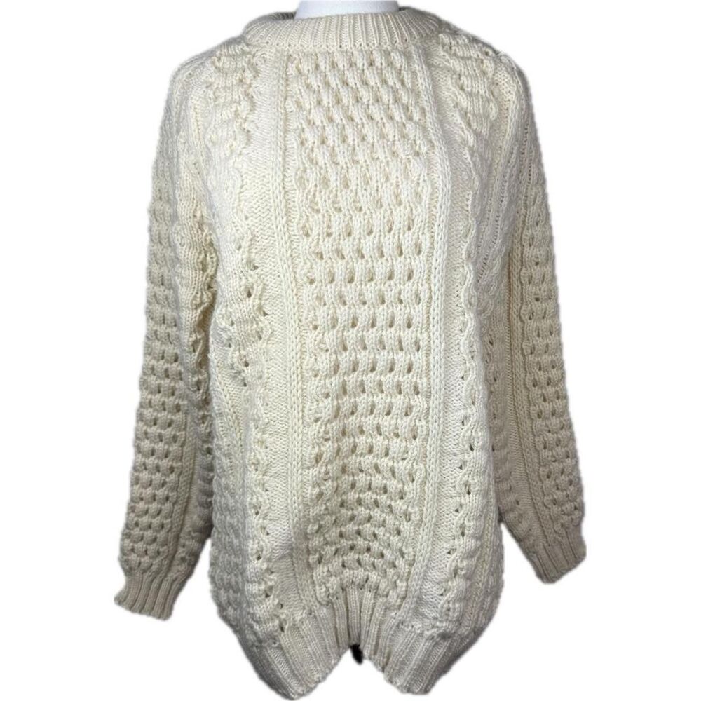 Vintage Malinmor Sweater White Wool Cable Knit Hand Fashioned Crewneck Ireland